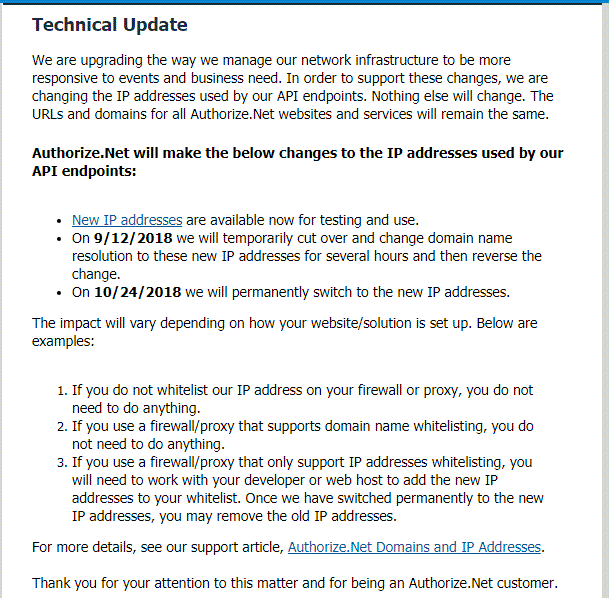 Latest Technical update Email from Authorize Net About IP Address Change